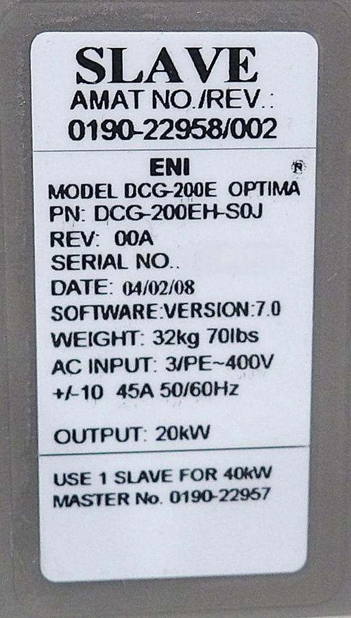 Used DCG-200E Optima ENI DCG-200EH-S0J DC Plasma Generator 20kW Slave Surplus