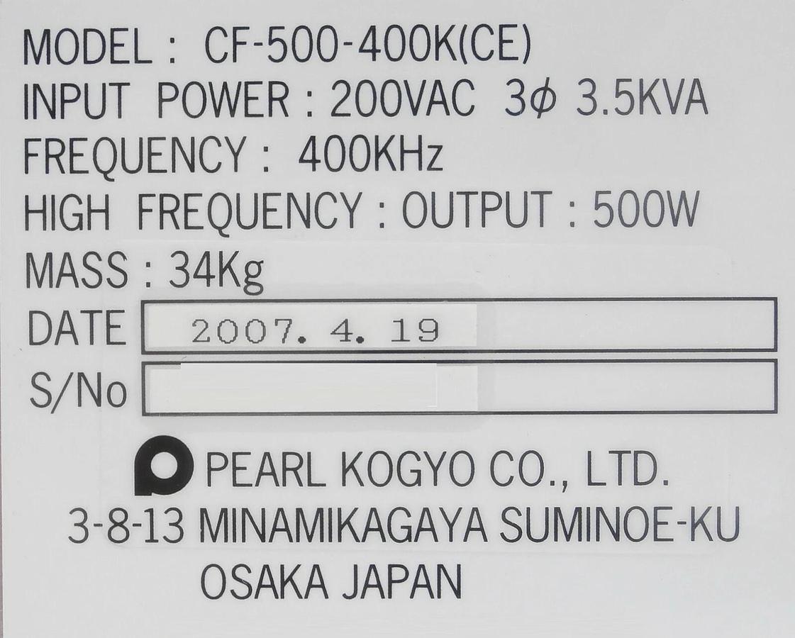 Used Pearl Kogyo CF-500-400K(CE) 500W RF Power Supply Working Surplus