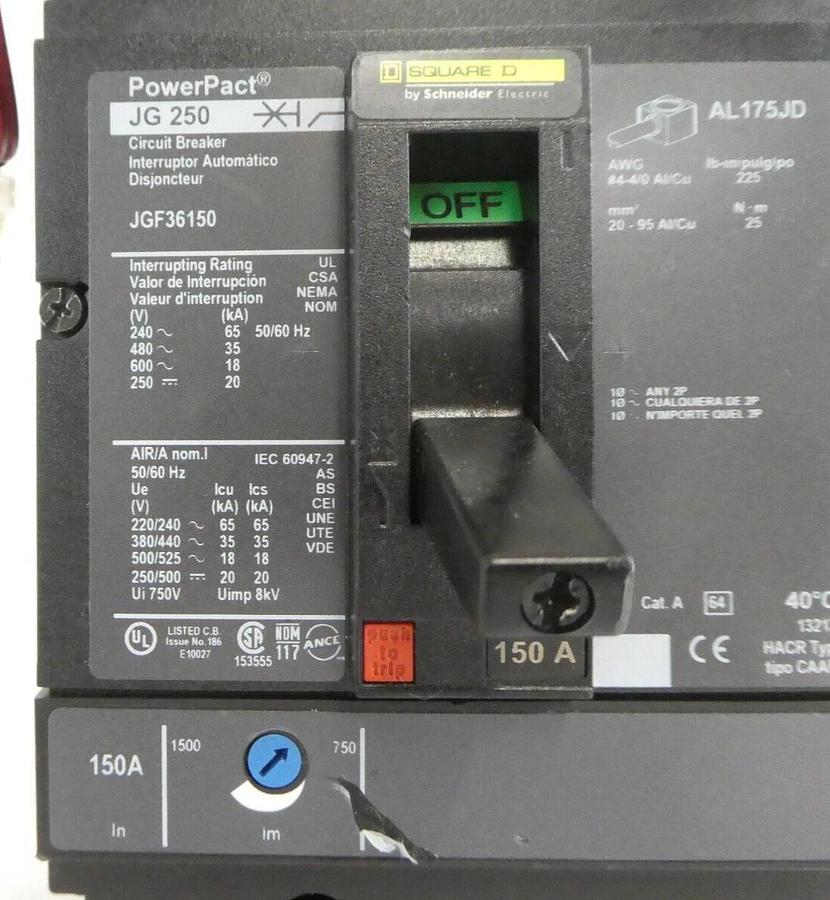 Used Square D JGF36150 Circuit Breaker PowerPact JG 250 Varian E11569290 Working
