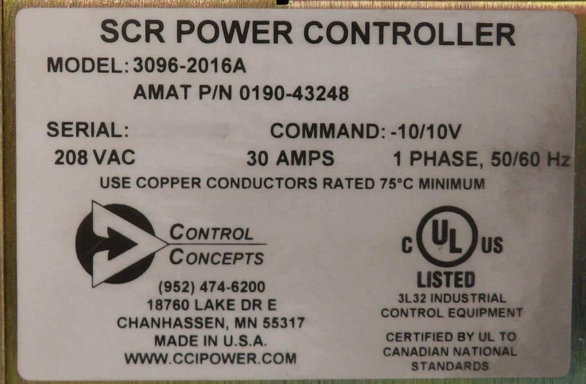 Used Control Concepts 3096-2016A SCR Power Controller AMAT 0190-43248 Working Spare