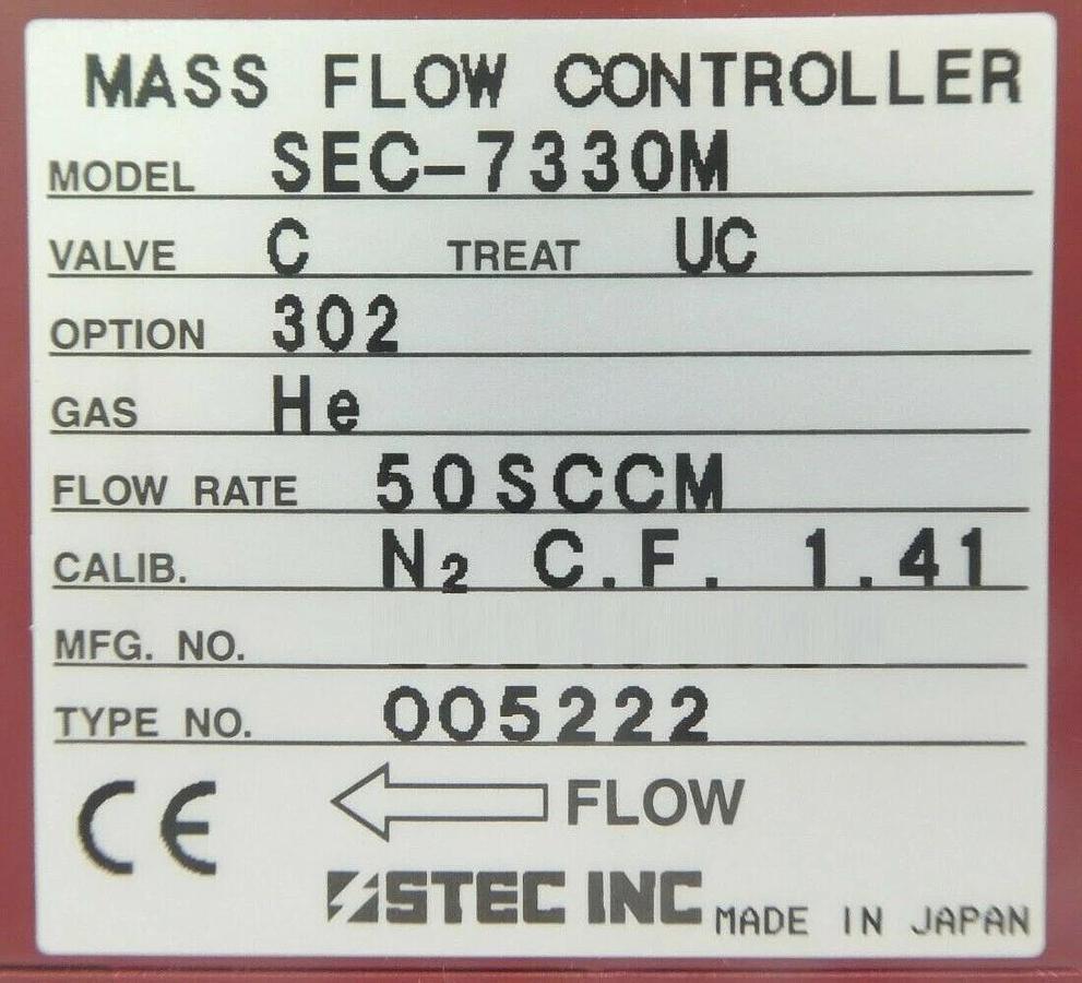 Used STEC SEC-7330M Mass Flow Controller MFC SEC-7330 50 SCCM He Working Surplus