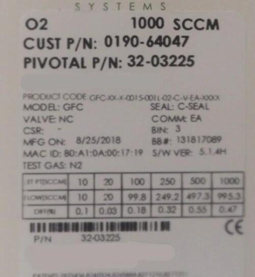 Pivotal 32-03225 Mass Flow Controller MFC 1000 SCCM O2 AMAT 0190-64047 New Spare