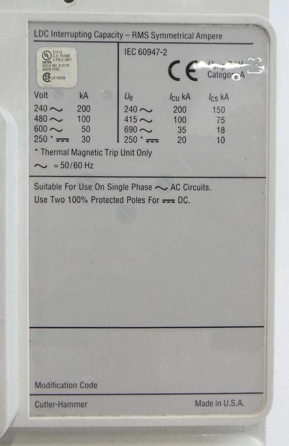 Used Eaton 83E9385 LDC 100k 600V 3-Pole Circuit Breaker LDC3600FK01P05Y17 Working
