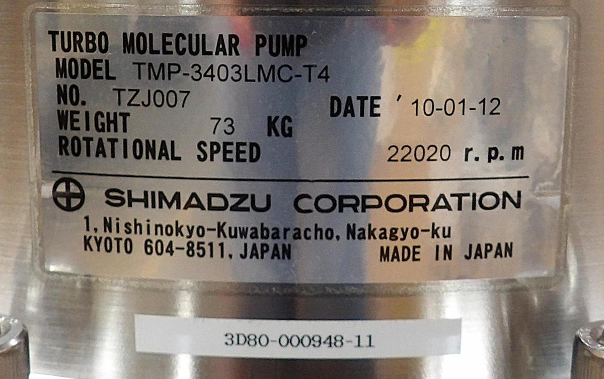 Used Shimadzu TMP-3403LMC-T4 Turbomolecular Pump w/Gate Valve Working Surplus