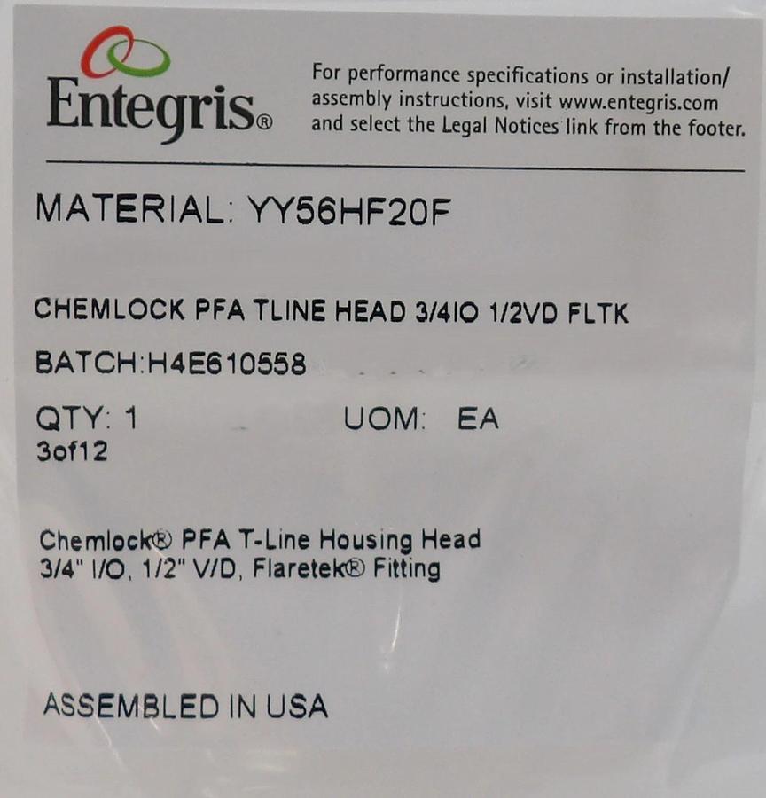 Entegris YY56HF20F Chemlock PFA T-Line Housing Head 3/4" New