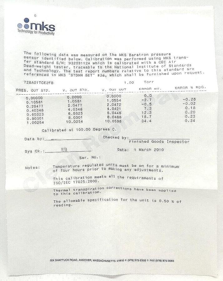 MKS Instruments 728A01TCE2FB Baratron Pressure Transducer 728A New Surplus