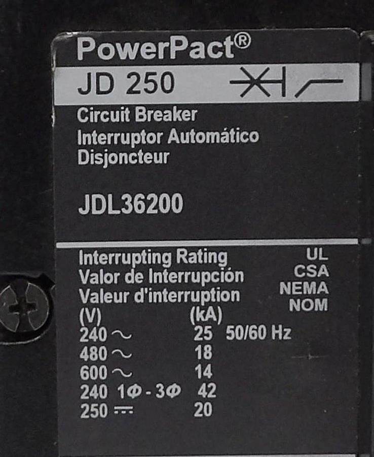Used Square D JD 250 3-Pole Circuit Breaker JDL36200 JDF36250CU31X Lot of 2 Working