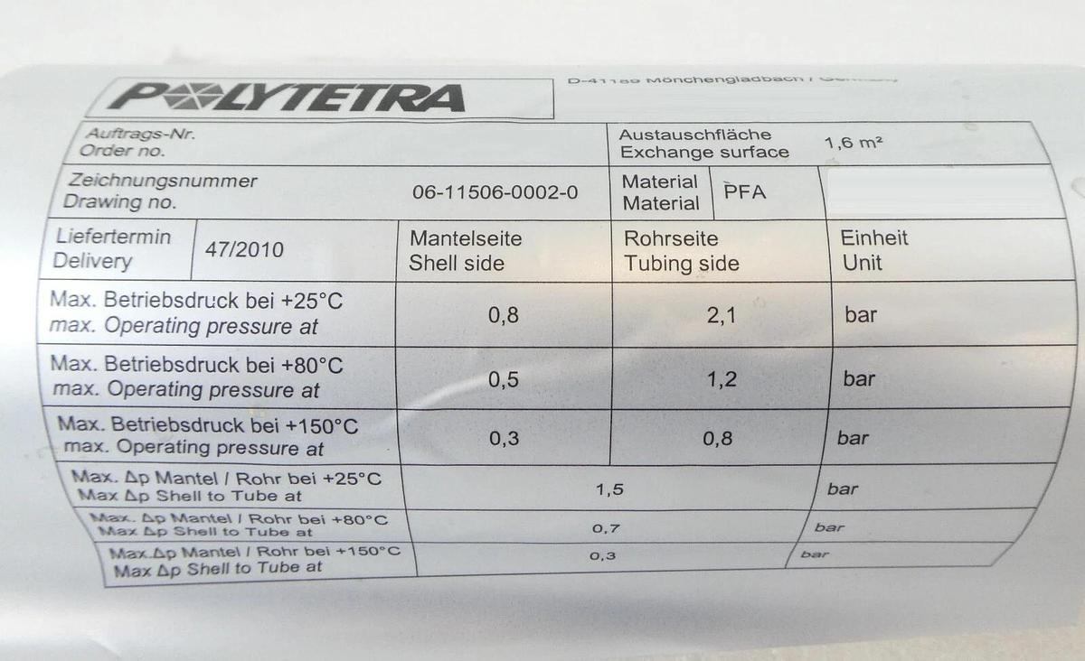 Polytetra Lotus Systems DN100 1000mm Shell Tube Heat Exchange New Surplus