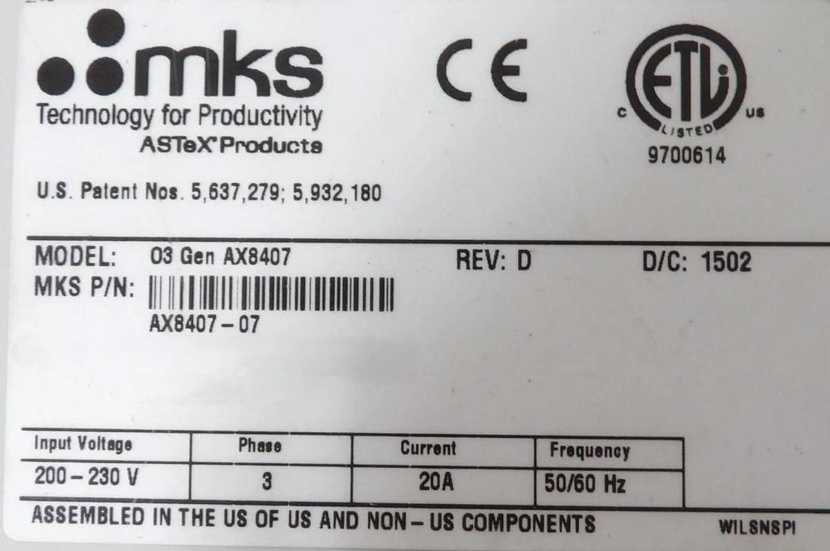 Refurbished AX8407 MKS Instruments AX8407-07 O3 Ozone Generator ASTeX OEM Refurbished