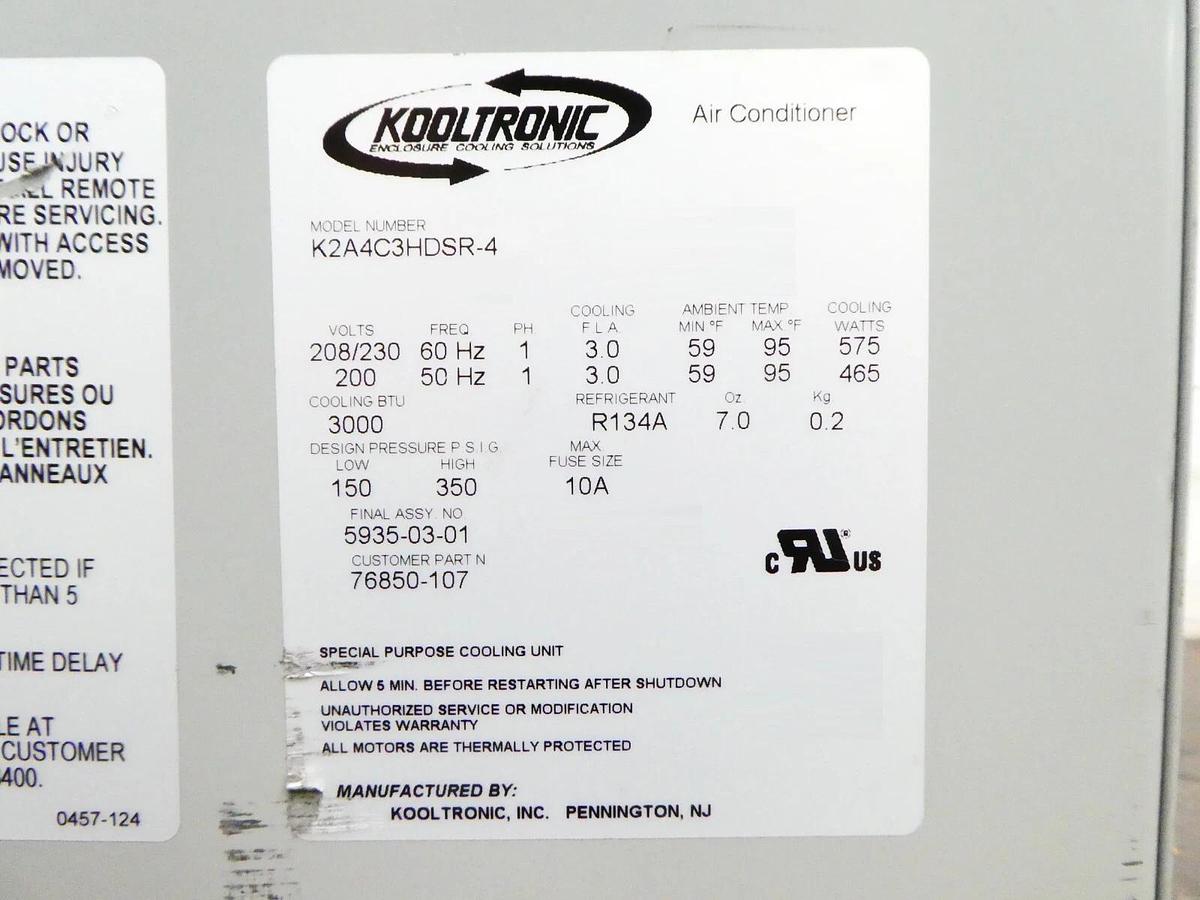 Used Kooltronic K2A4C3HDSR-4 Air Conditioner 5935-03-01 76850-107 Untested Spare