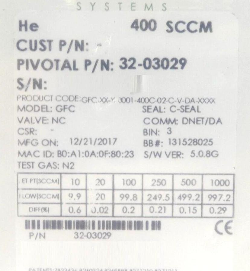 Pivotal Systems 32-03029 Mass Flow Controller MFC 400 SCCM He New Surplus