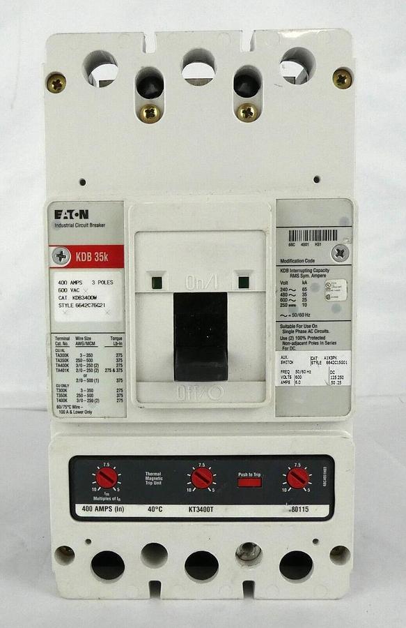 Used Eaton 6642C76G21 KDB 35K 3-Pole Industrial Circuit Breaker KDB3400W Working