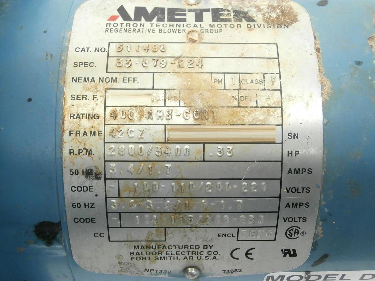 Used Ametek 038936 Air Blower Assembly DR101BX9M Alcon UACD8 Edwards TPU Working