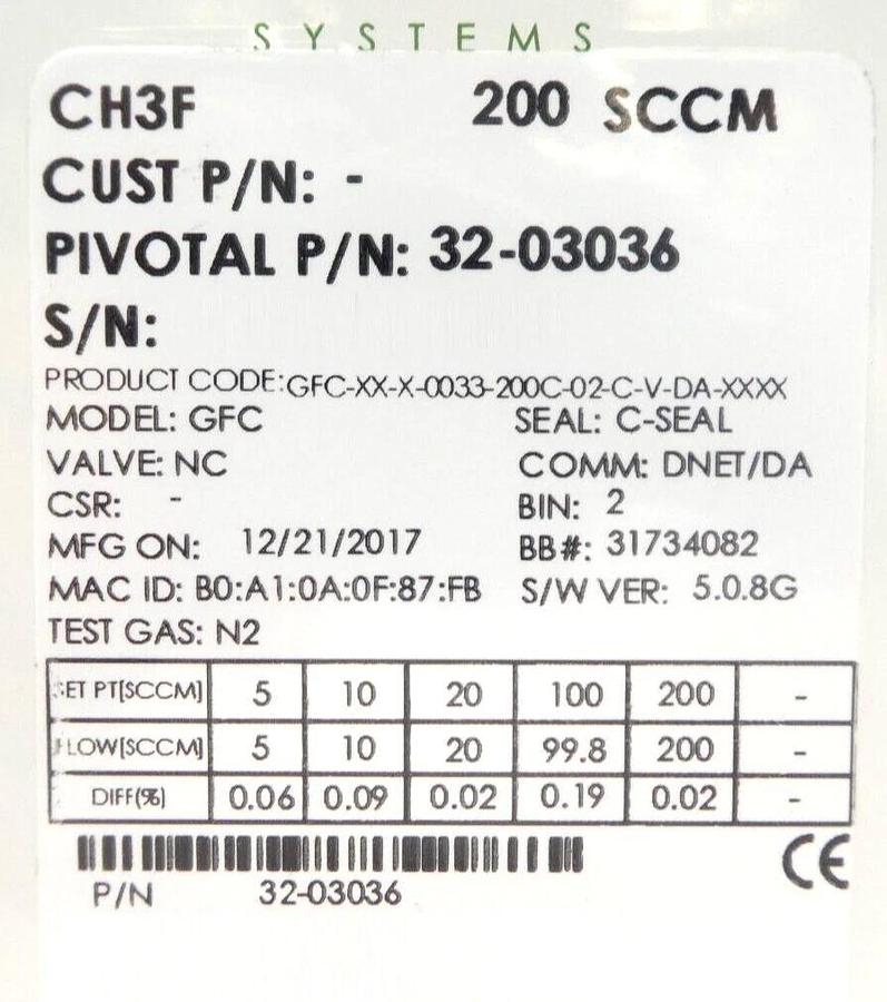 Pivotal Systems 32-03036 Mass Flow Controller MFC 200 SCCM CH3F New Surplus