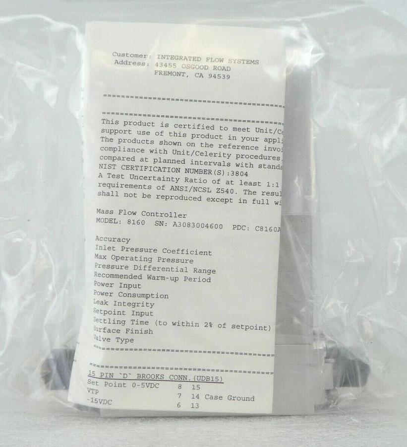 UNIT Instruments UFC-8160 Mass Flow Controller MFC Novellus 22-175532-00 New