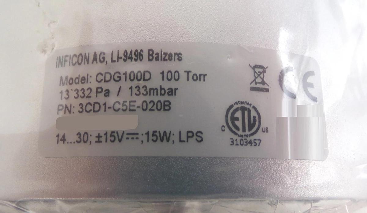 Inficon 3CD1-C5E-020B Diaphragm Gauge Manometer CDG100D New Surplus