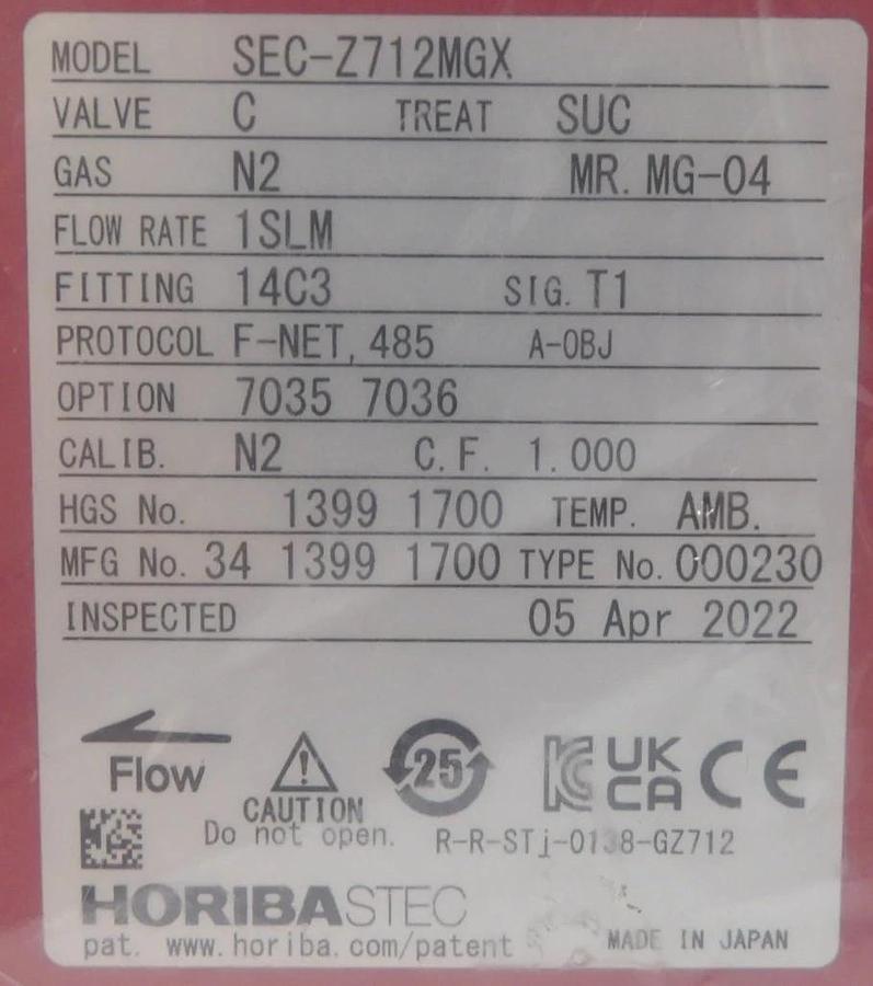 Horiba STEC SEC-Z712MGX Mass Flow Controller MFC Z700 1000 SCCM N2 New