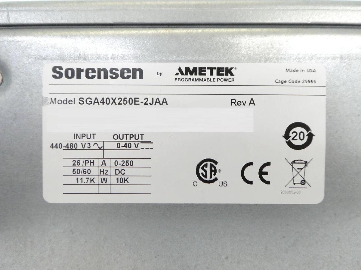 Used Sorensen SGA40X250E-2JAA 10kW DC Power Supply SGA 40/250 Ametek Working