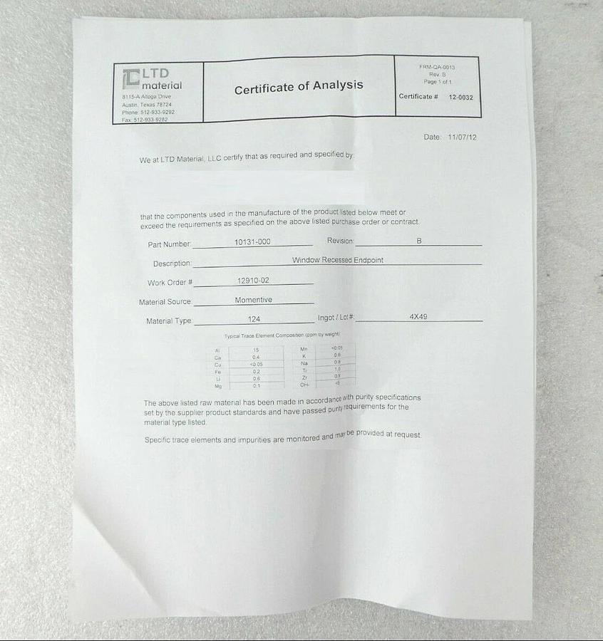 LTD Material 10131-000 End Point Recessed Window AMAT 0200-09657 New Surplus