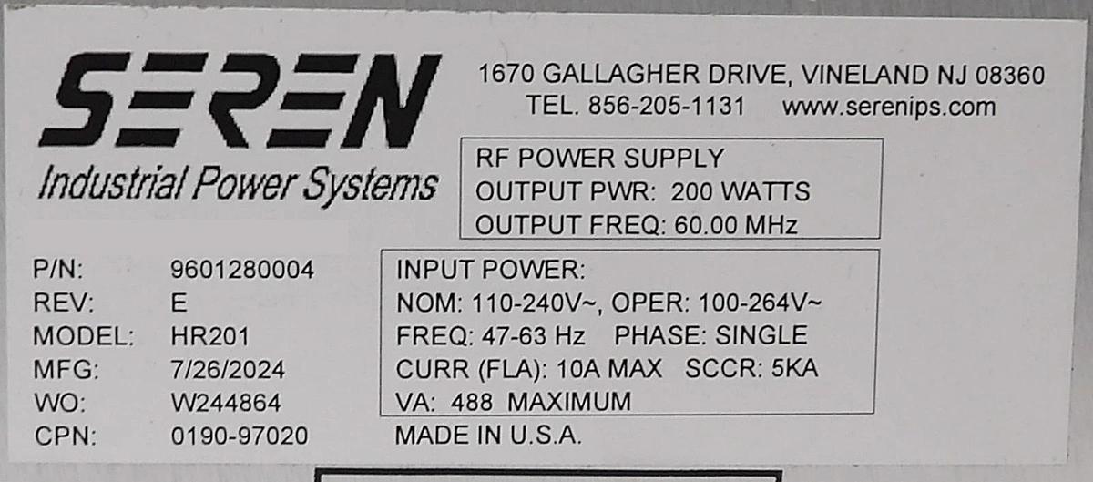 Used Seren Industrial Power Systems 9601280004 RF Power Supply HR201 Working Surplus