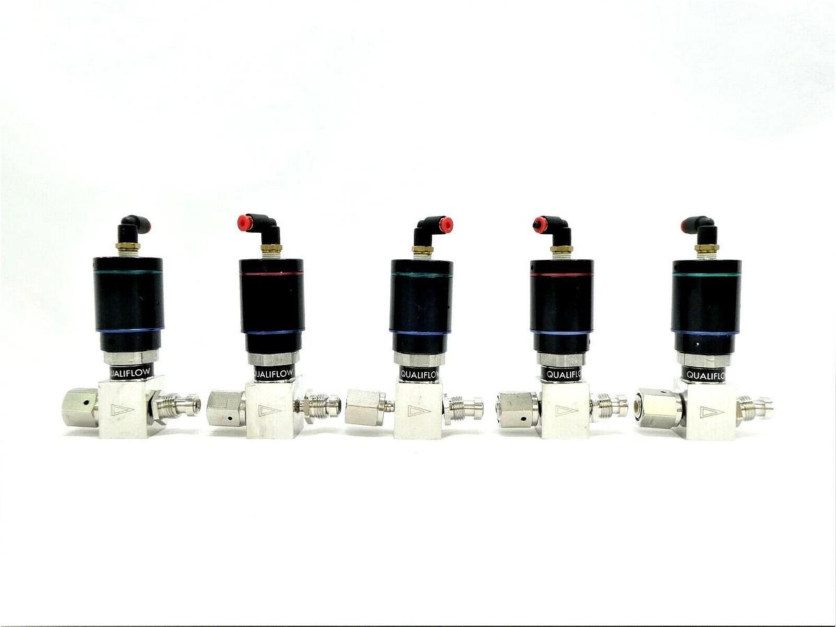 Used Qualiflow 2x10-9atm.cm3/Sec 2-Way Pneumatic Valve Male/Female Lot of 5 Working
