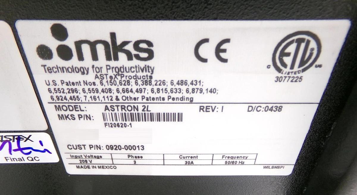 Refurbished ASTRON 2L MKS Instruments FI20620-1 RPS Remote Plasma Source Refurbished