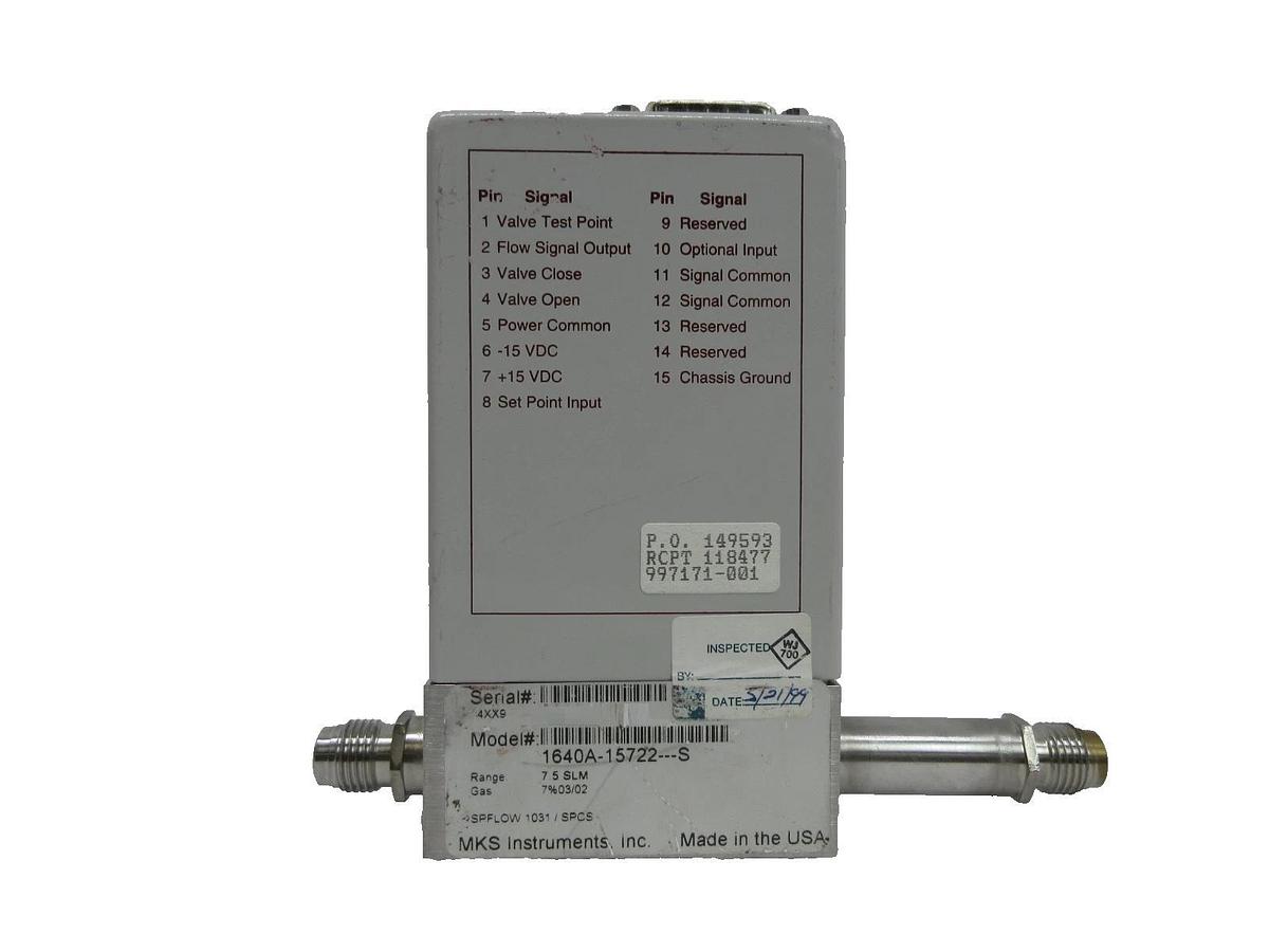 Used MKS Instruments 1640A-15722---S Pressure Based MFC 7%03/02 7.5 SLM Working