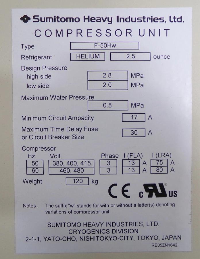 Sumitomo Heavy Industries F-50Hw Cryogenics Compressor Unit F-50 New Surplus