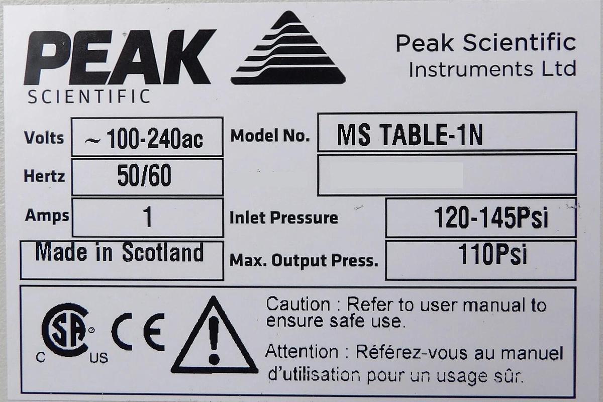 Used Peak Scientific MS Table 1N Mass Spectrometer Table Infinity Bench Module As-Is