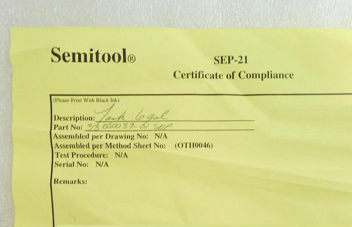 Semitool 330S0039-01 6 Gallon Weldment Tank HTD Oring Coil 3/4 Drian New Surplus