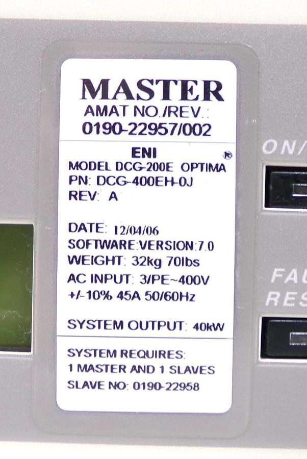 Used DCG-200E Optima ENI DCG-400EH-0J DC Plasma Generator 40kW Master Surplus