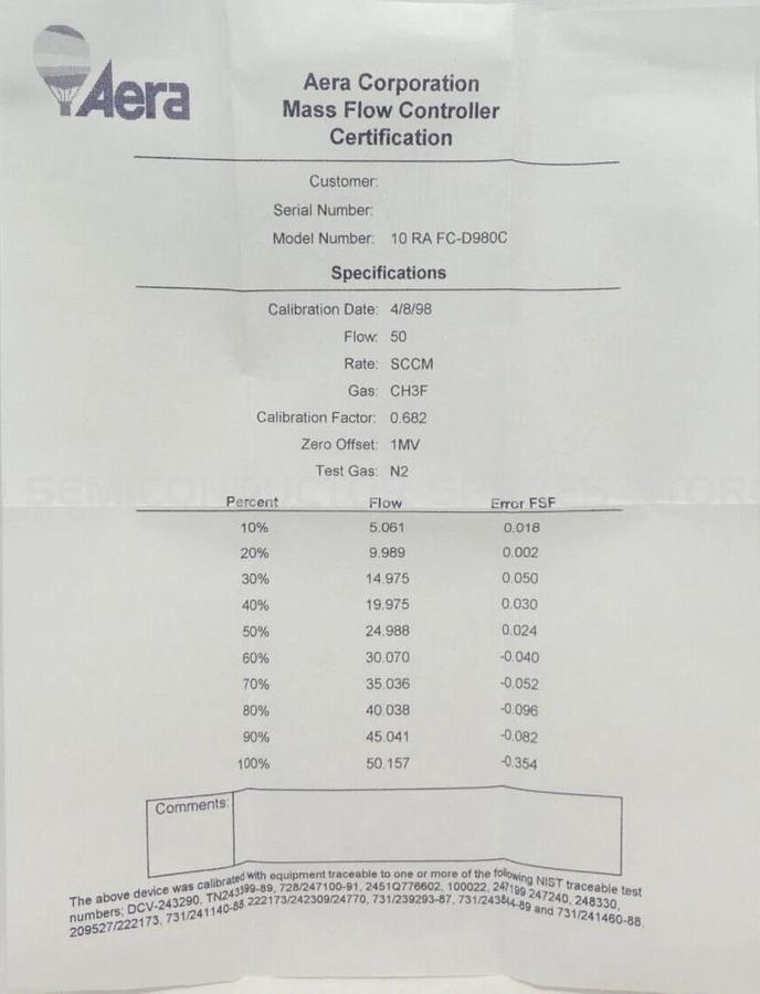 Aera 10 Ra FC-D980C Mass Flow Controller MFC FC-D980C 50 SCCM CH3F New Surplus
