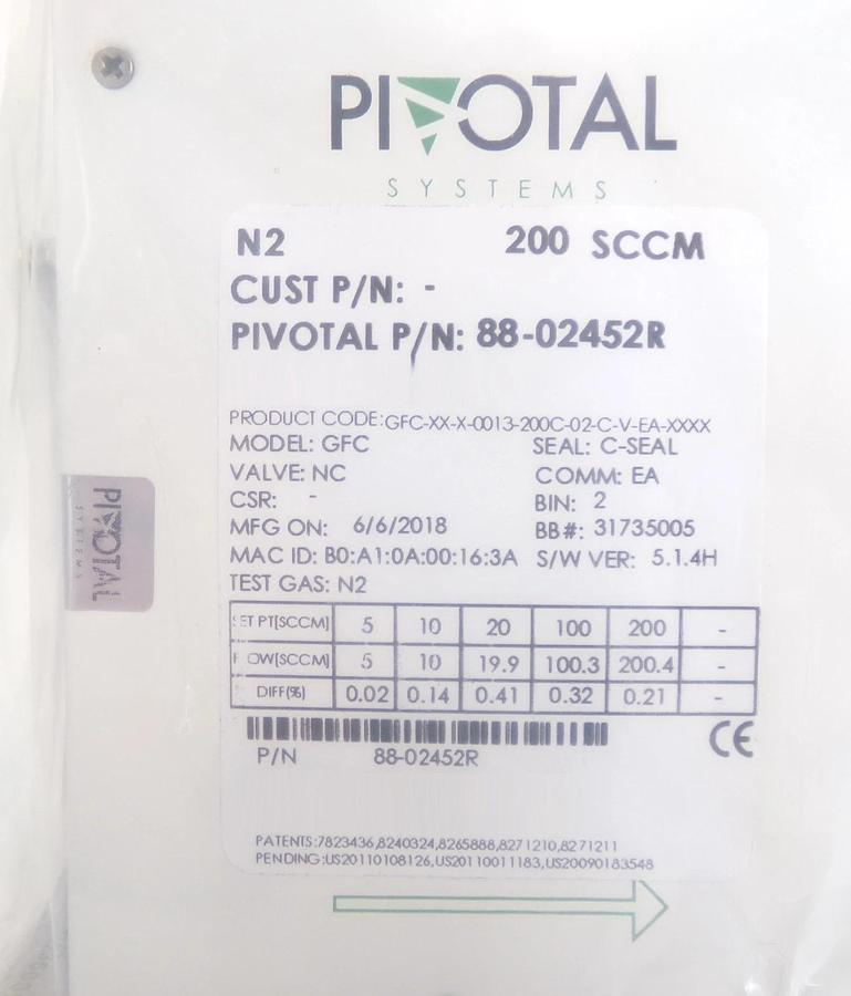 Pivotal Systems 88-02452R Mass Flow Controller MFC 200 SCCM N2 New Surplus