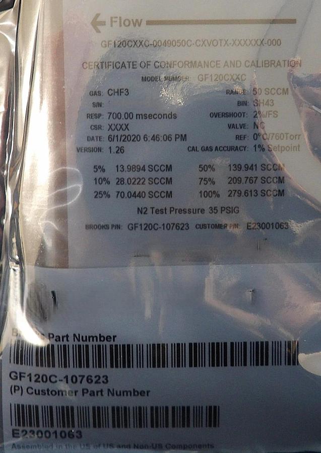 Brooks Instrument GF120C-107623 Mass Flow Controller MFC 50 SCCM CHF3 New