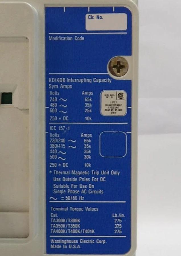 Used Westinghouse KDB3400 Industrial 3-Pole Circuit Breaker KDB 35k w/KT3400T Working