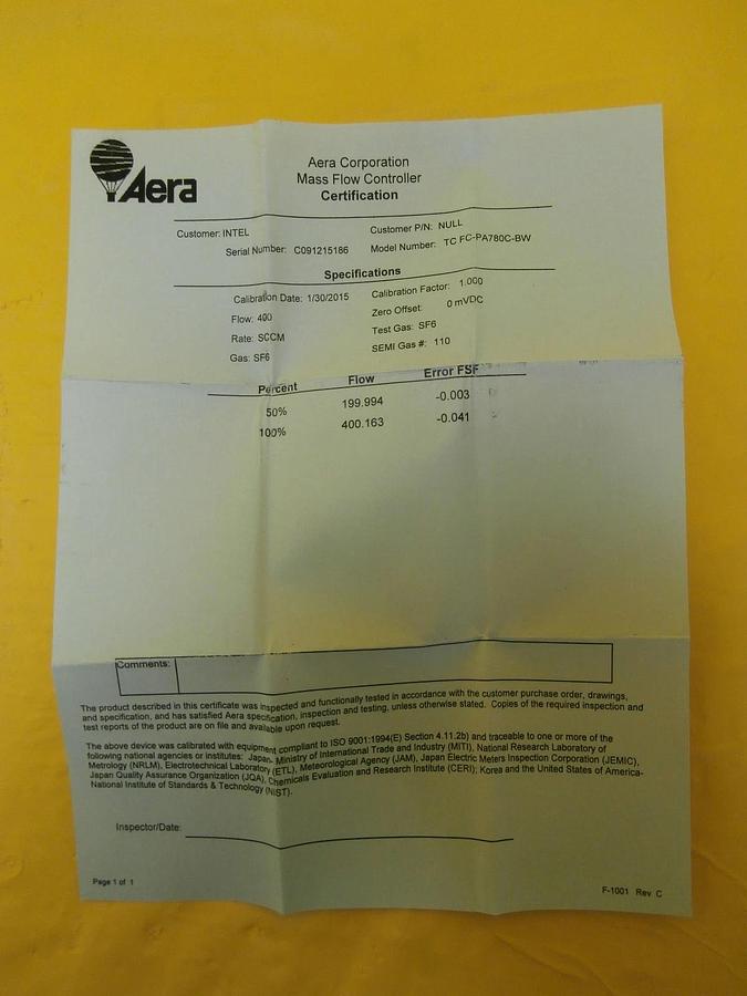 Refurbished Aera TC FC-PA780C-BW Mass Flow Controller MFC FC-PA780c 400 SCCM SF6 Refurbished