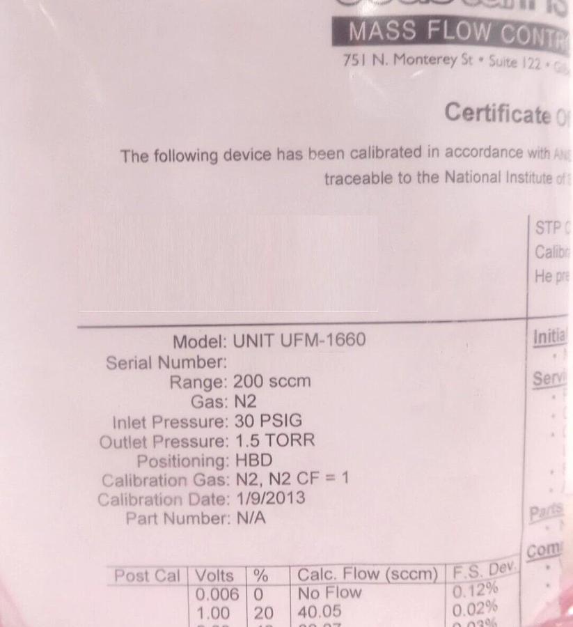 Refurbished UNIT UFM-1660 Mass Flow Controller MFC 200 SCCM N2 OEM Refurbished