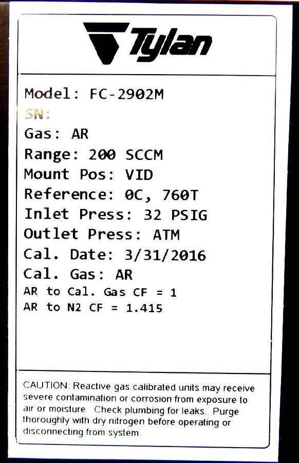 Refurbished Tylan FC-2902M Mass Flow Controller 200 SCCM AR 2900 Series OEM Refurbished