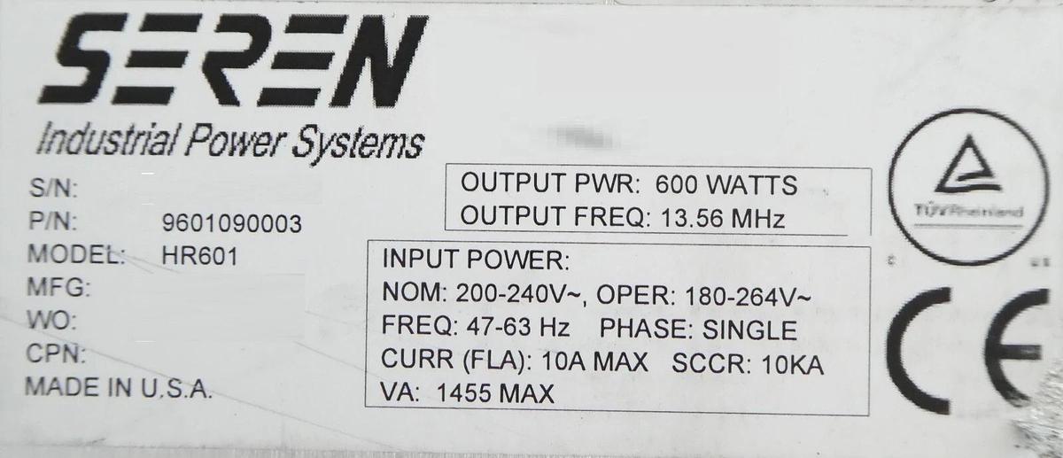Used HR601 Seren 9601090003 RF Generator 600 Watts @ 13.56 MHz Tested Working Surplus