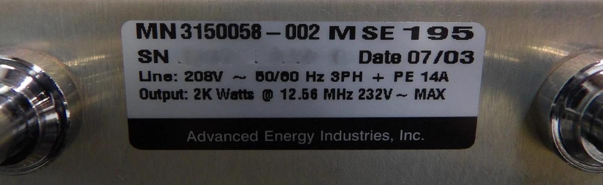 Used RF-20RWC AE Advanced Energy 3150058-002 RF Generator 2kW @ 12.56 Untested As-Is