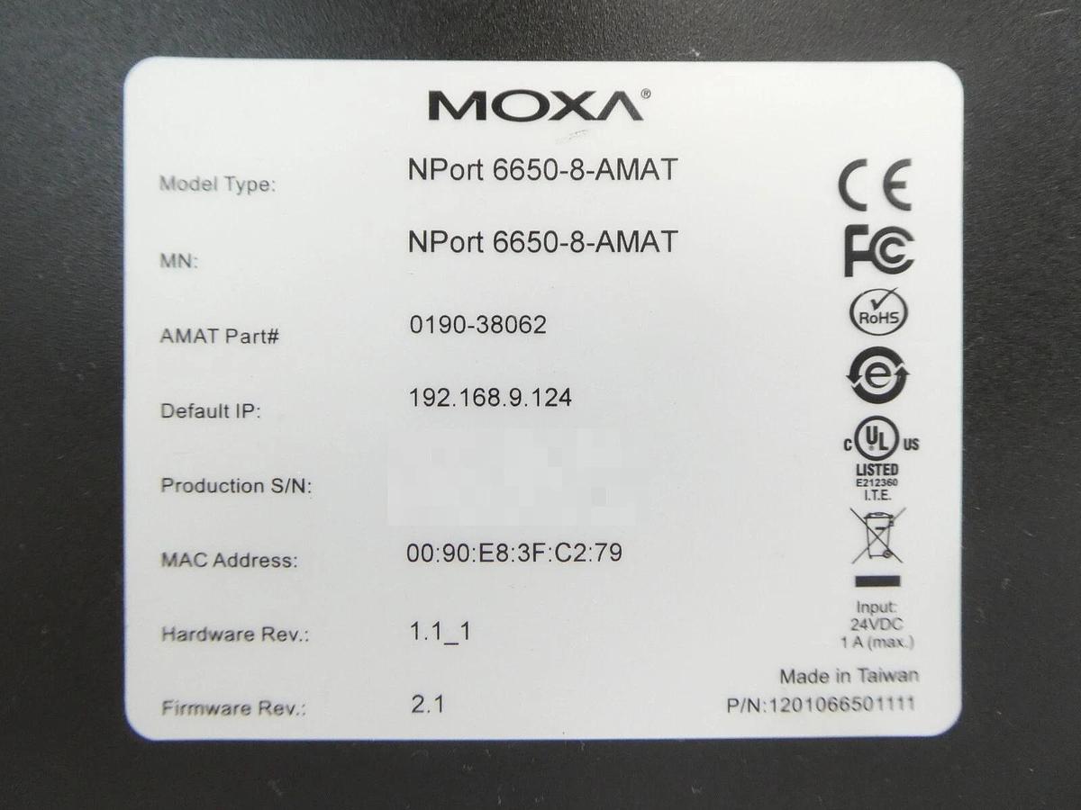 Used Moxa NPort 6650-8 16-Port Terminal Server AMAT 0190-38062 Working Surplus