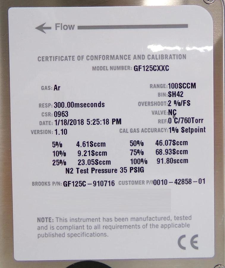 Brooks Instrument GF125C-910716 Mass Flow Controller MFC 100 SCCM Ar New Spare