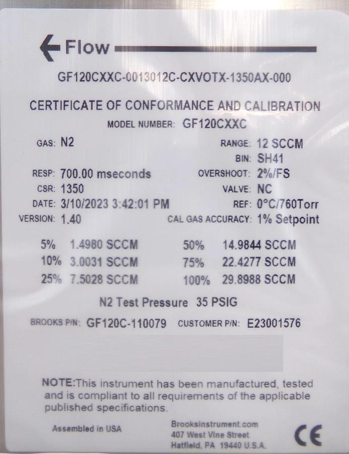 Brooks Instrument GF120C-110079 Mass Flow Controller MFC 12 SCCM N2 New