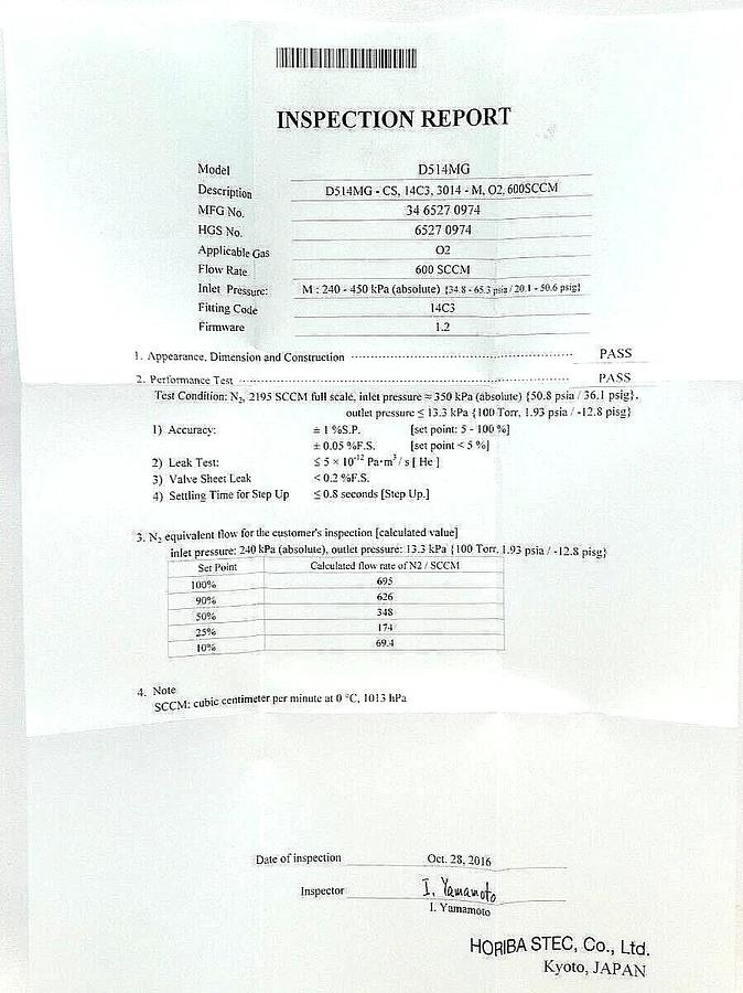 Horiba STEC D514MG Mass Flow Controller MFC Criterion 600 SCCM O2 New Surplus