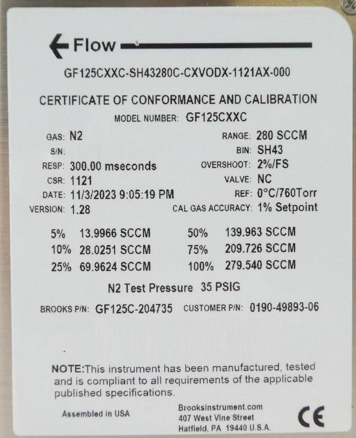 Brooks Instrument GF125C-204735 Mass Flow Controller MFC AMAT 0190-49893 New
