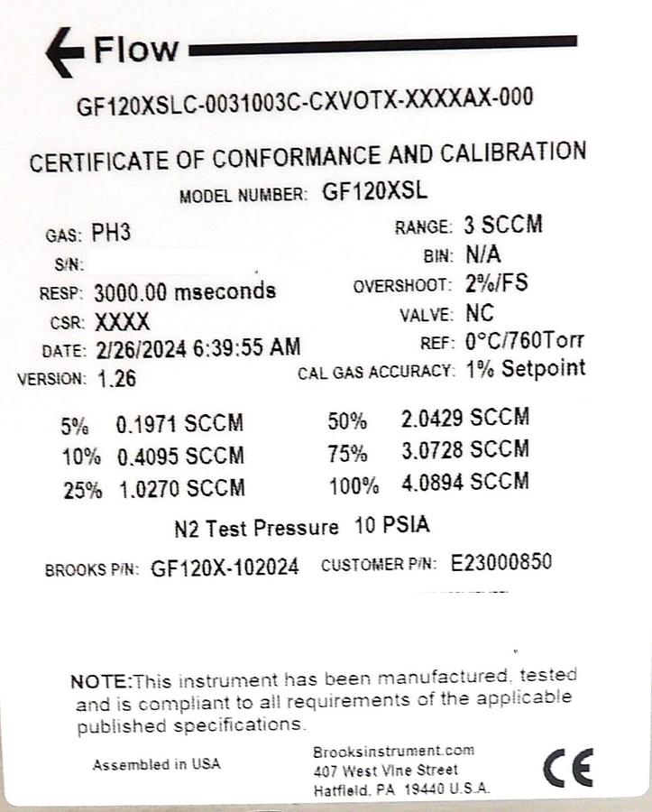Brooks Instrument GF120X-102024 Mass Flow Controller MFC 3 SCCM PH3 New Spare