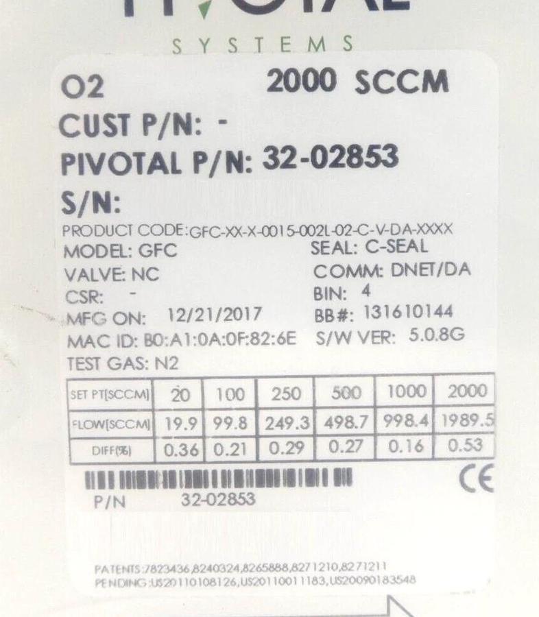 Pivotal Systems 32-02853 Mass Flow Controller MFC 2000 SCCM O2 New Surplus