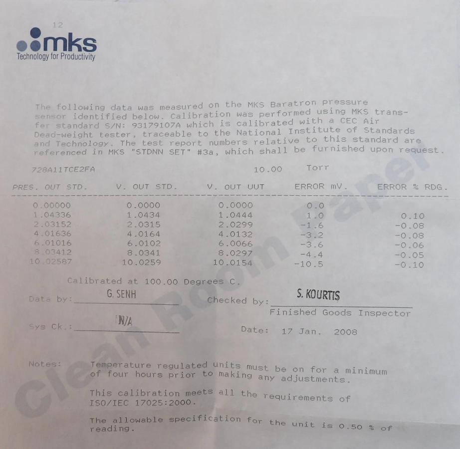 Used MKS Instruments 728A11TCE2FA Baratron Pressure Transducer New