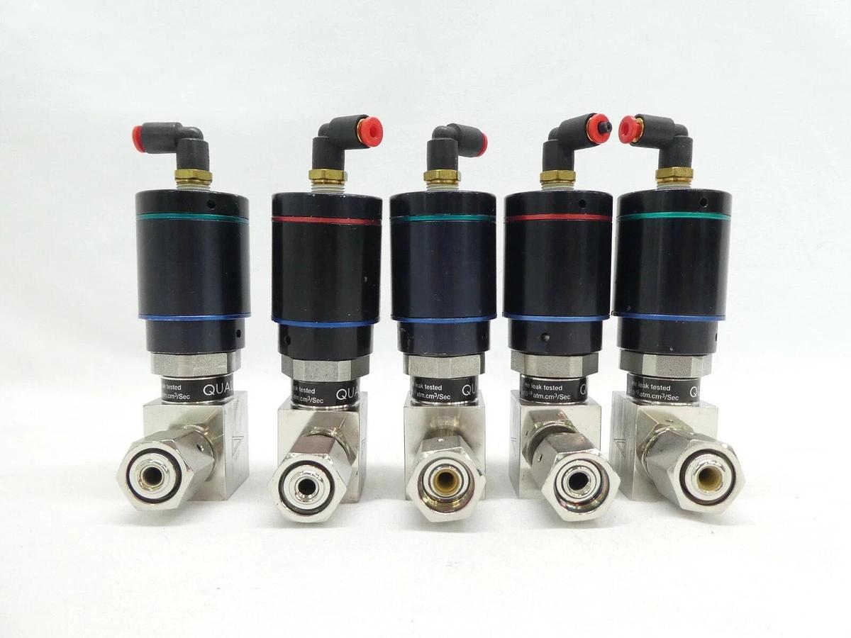 Used Qualiflow 2x10-9atm.cm3/Sec 2-Way Pneumatic Valve Male/Female Lot of 5 Working