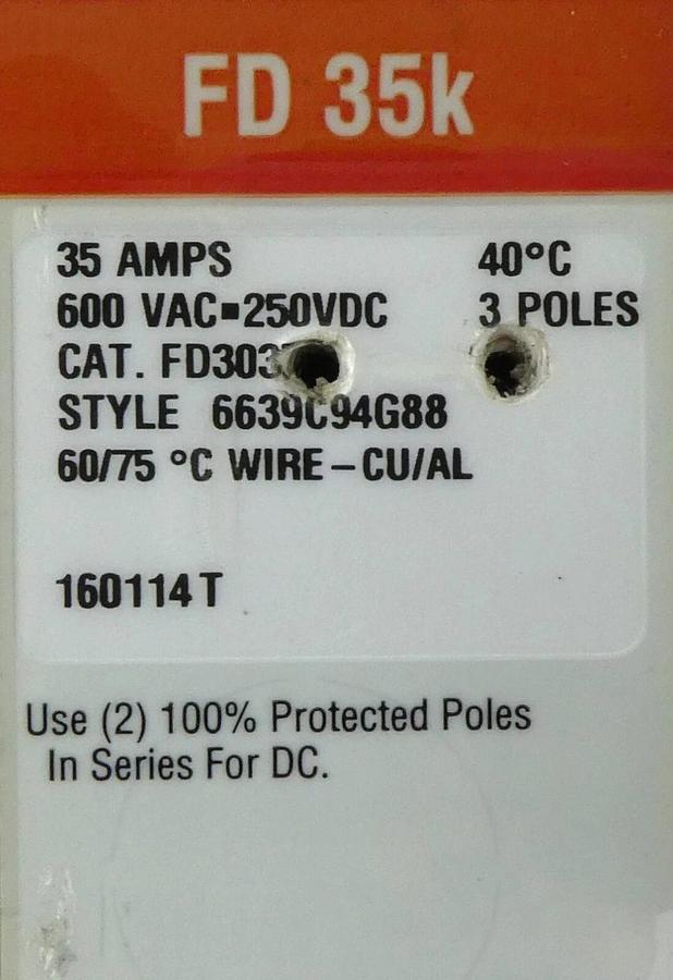 Used Eaton 6639C94G88 Industrial Circuit Breaker FD3035L Working Surplus